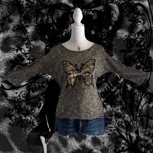black sequins outlined metallic gold butterfly heather grey dolman top